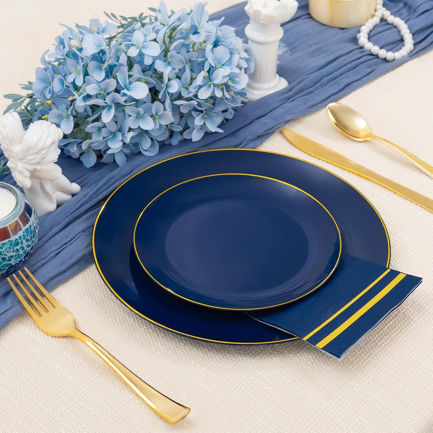 NOCCUR 350PCS Navy Blue Plastic Plates - Blue Disposable Dinnerware Set for 50 Guests, 100 Dinner/Dessert Plates, 150 Gold Silverware, 50 Cups&50 Napkins for Party/Wedding/Hanukkah