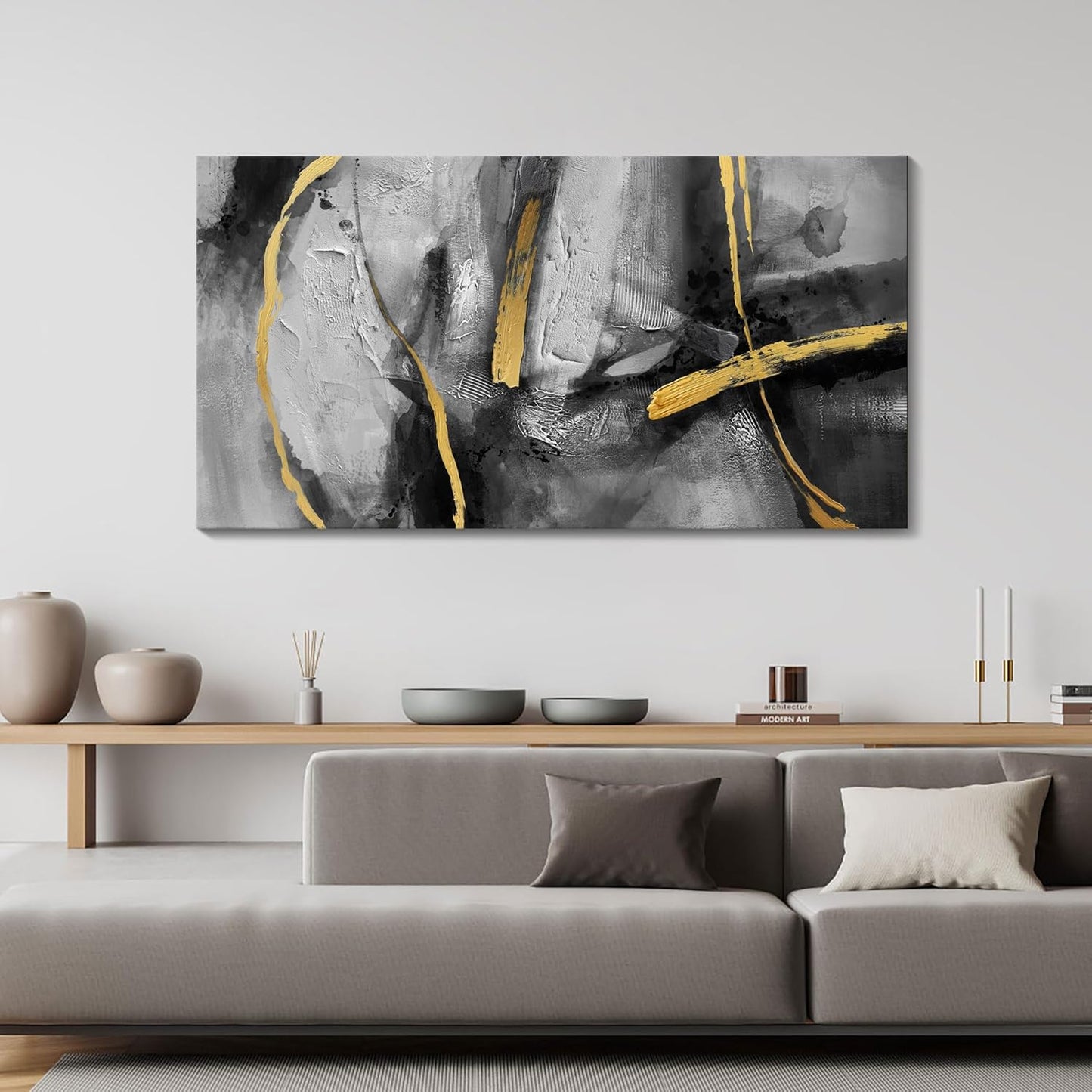 Large Canvas Wall Art Decor - Abstract Black and Gray Wall Pictures Living Room Hand-Painted Dream Painting Golden Canvas Prints as Bedroom Kitchen Dining Room Cafe Home Decor 24X48 In