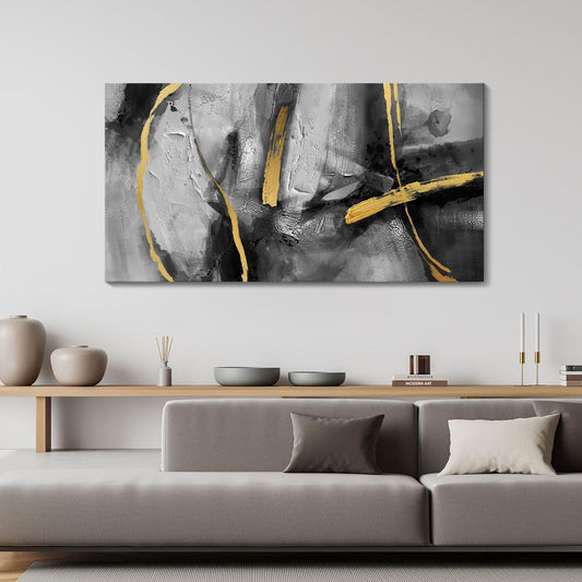 Large Canvas Wall Art Decor - Abstract Black and Gray Wall Pictures Living Room Hand-Painted Dream Painting Golden Canvas Prints as Bedroom Kitchen Dining Room Cafe Home Decor 24X48 In