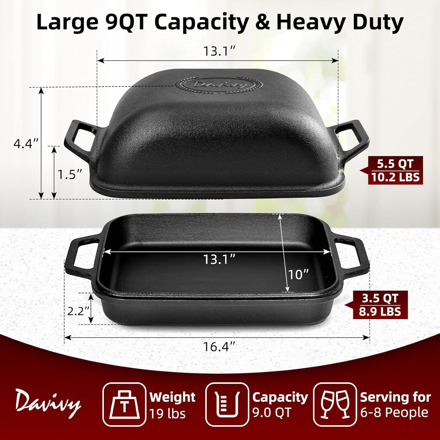 Davivy 9QT Large Dutch Oven for Sourdough Bread with Silicone Baking Mat, Pre-Seasoned Non-stick Cast Iron Sourdough Loaf Pan, Cast Iron Sourdough Baking Pan Large Capacity