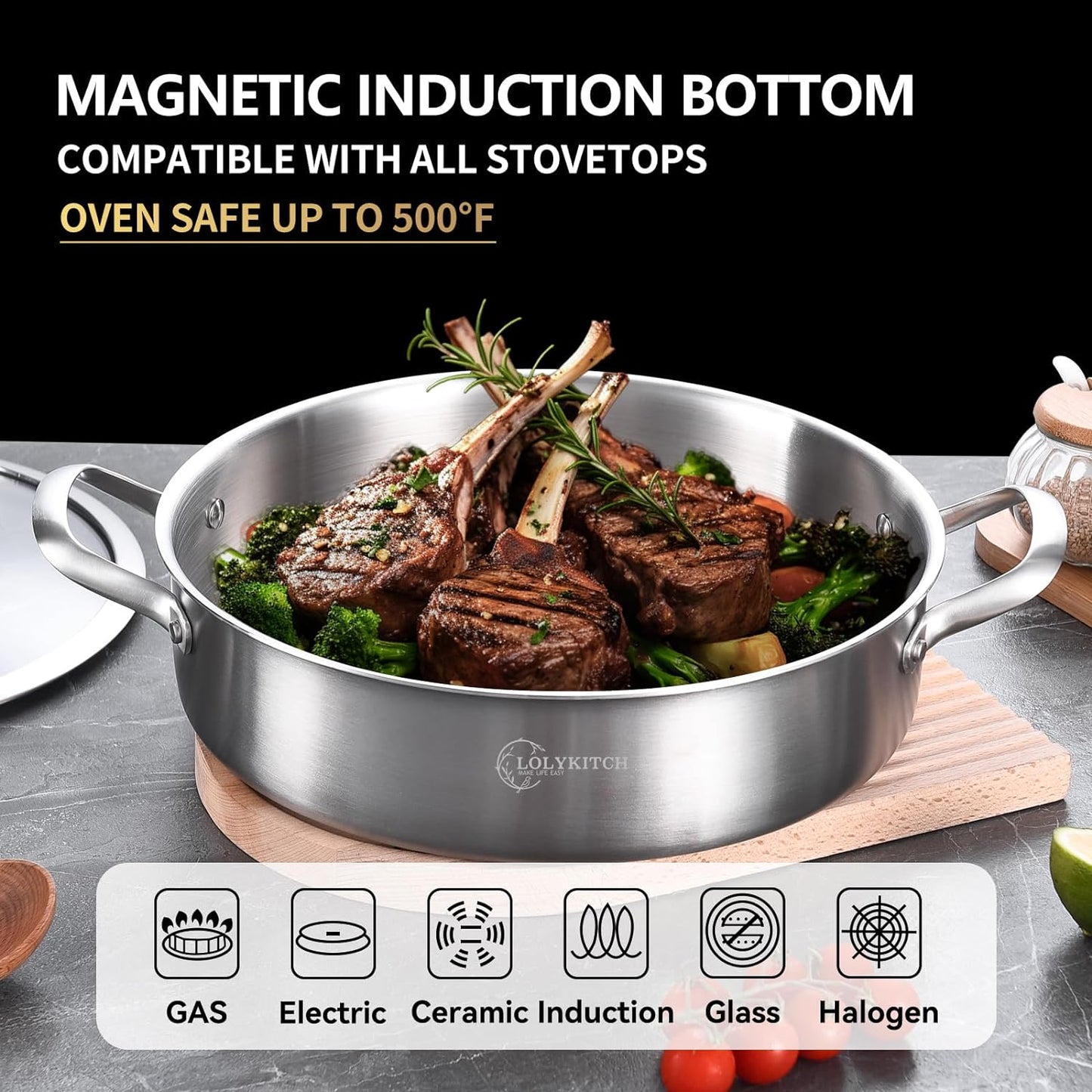 LOLYKITCH 12 Inch Tri-ply Stainless Steel 5.5 QT Sauté Pan and 8-10 Inch Frying Pan Set of 3,Induction Cookware,Dishwasher and Oven Safe.