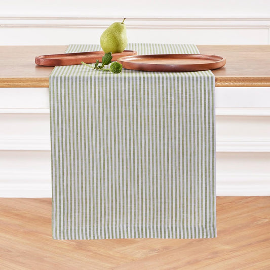 Solino Home Linen Striped Table Runner 60 Inches - Narrow Stripe, 100% Pure Linen Avocado and White Small Table Runner 14 x 60 Inch Ideal for Dresser and Coffee Tables - Fall, Thanksgiving, Christmas