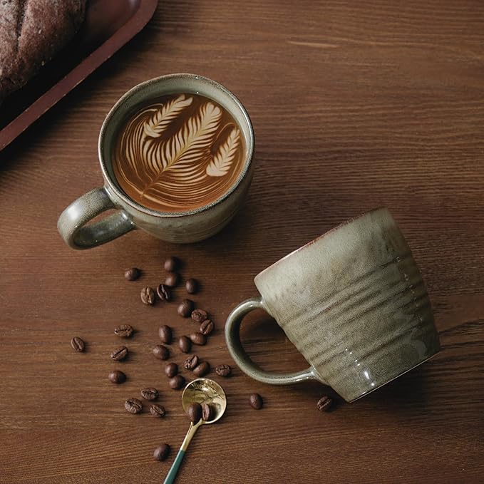 14 oz Coffee Mugs Set of 4, Ceramic Coffee Mugs with Handle – Reactive Glaze Stoneware Coffee Mug Set for Tea, Latte, Cappuccino, Cocoa, Hot Chocolate – Microwave & Dishwasher Safe - Green