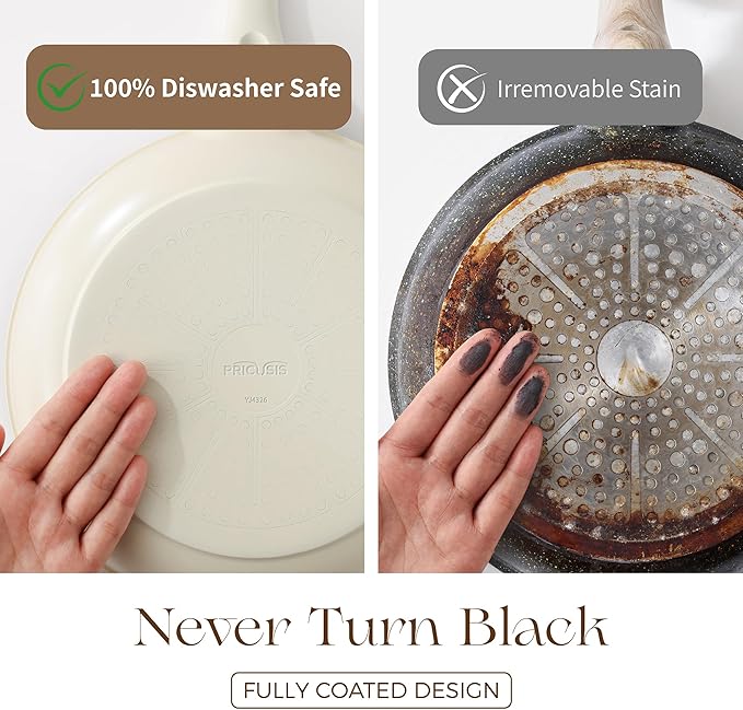 PRICUSIS Nonstick Ceramic Frying Pan with Lid, 8/10 Inch Skillet with Stay Cool Handle, Fully Coated, 100% Dishwasher Safe, Oven Safe, PTFE PFAS & PFOA Free (10 Inch, Coconut White