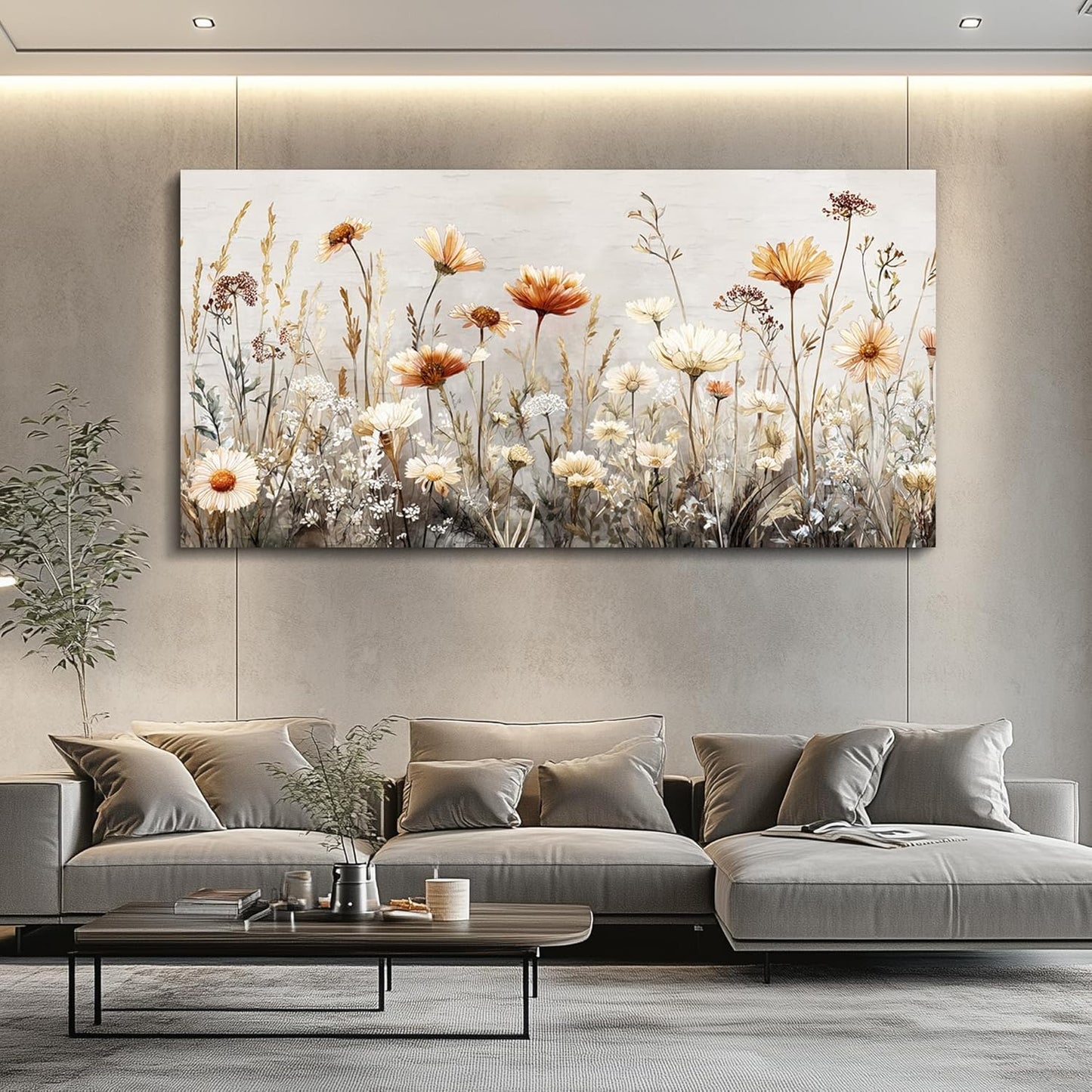 QIYILEXWART Large Wall Decor For Living Room Canvas Wall Art For Office Modern Wall Decorations For Bedroom Neutral Wildflower Landscape Painting Farmhouse Pictures Artwork Home Decor 24x48
