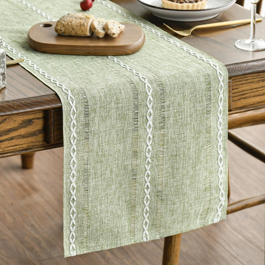 Artoid Mode Sage Green Rustic Cotton Linen Table Runner, Seasonal Embroidered Hollow Kitchen Dining Table Decoration for Home Party Decor 13x90 Inch