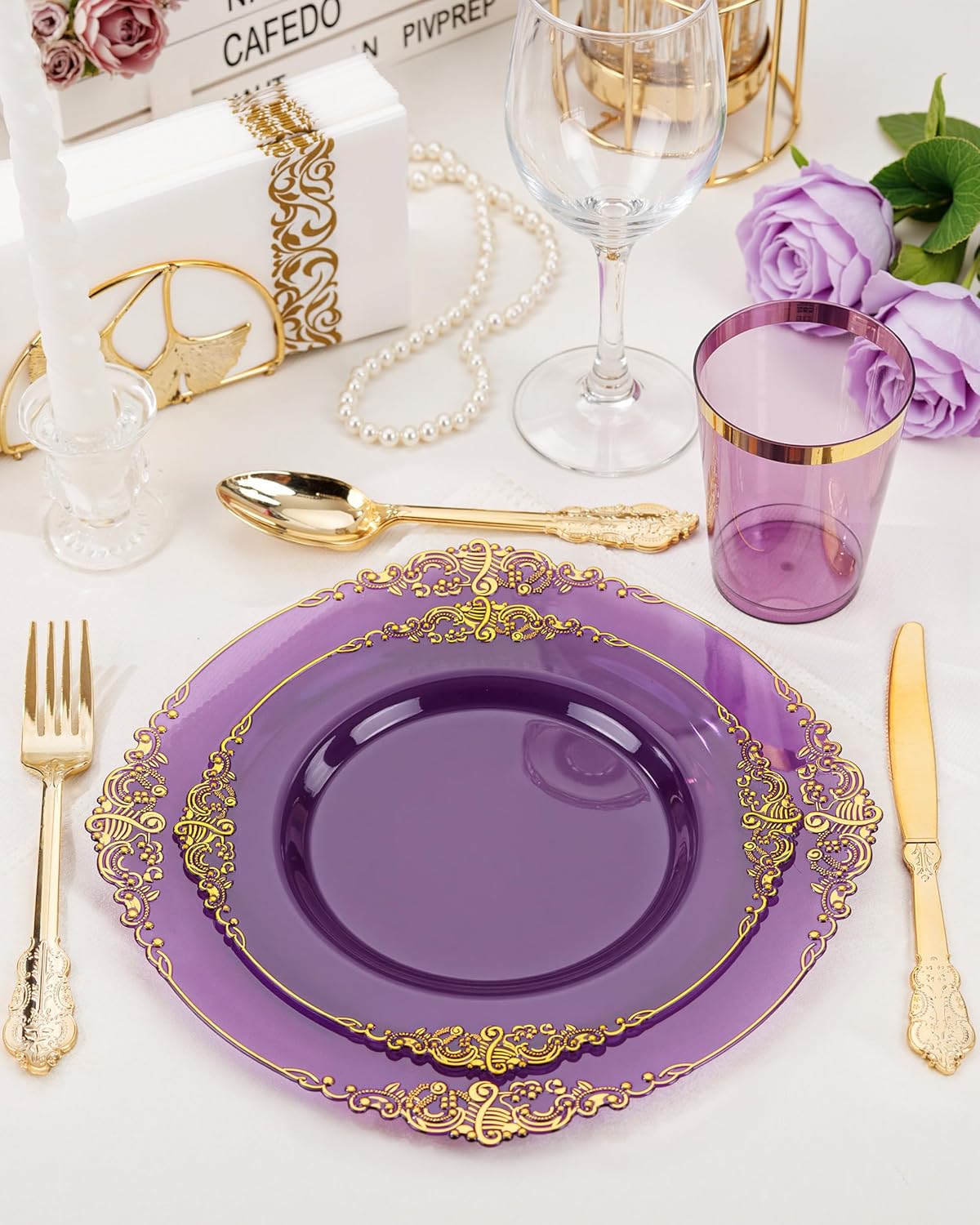 Nervure 350PCS Purple Plastic Plates - Purple Plastic Dinnerware Sets for 50 Guests - 100 Disposable Plates, 150 Gold Silverware, 50 Cups, 50 Napkins for Wedding & Party