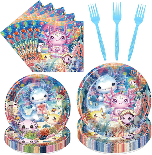 Rakuto Colorful Axolotl Birthday Decorations - 96PCS Axolotl Party Plates Napkins Forks Disposable Tableware Set, Cute Colorful Animals Themed Birthday Party Decorations Decor Supplies (Serve 24)