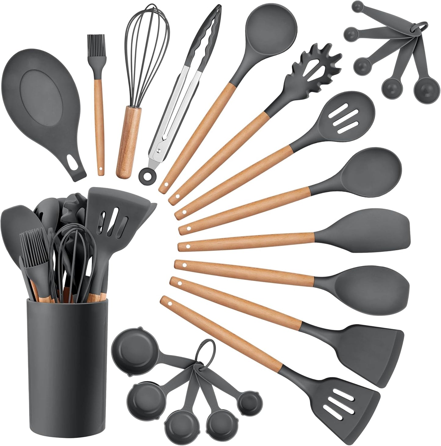 HaWare Kitchen Cooking Utensils Set, 23-Piece Silicone Kitchen Utensils Spatula Set with Holder, Heat Resistant Wooden Handle Kitchen Gadget for Nonstick Cookware, Food-grade Turner Spoon Sets (Grey)