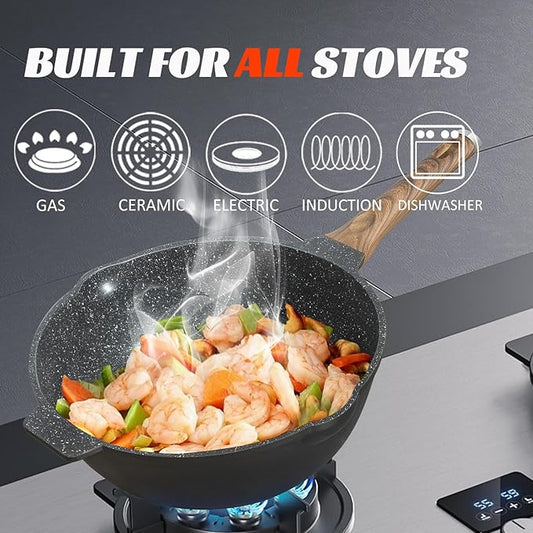 HIARUO Deep Nonstick Frying Pan with Lid, 12 inch Non Stick Skillet Large Sauté Pan Granite Sauce Cookware Cooking Chef Wok Pan with Helper Handle Silicone Spatula, 5.5 QT Induction Compatible, Black