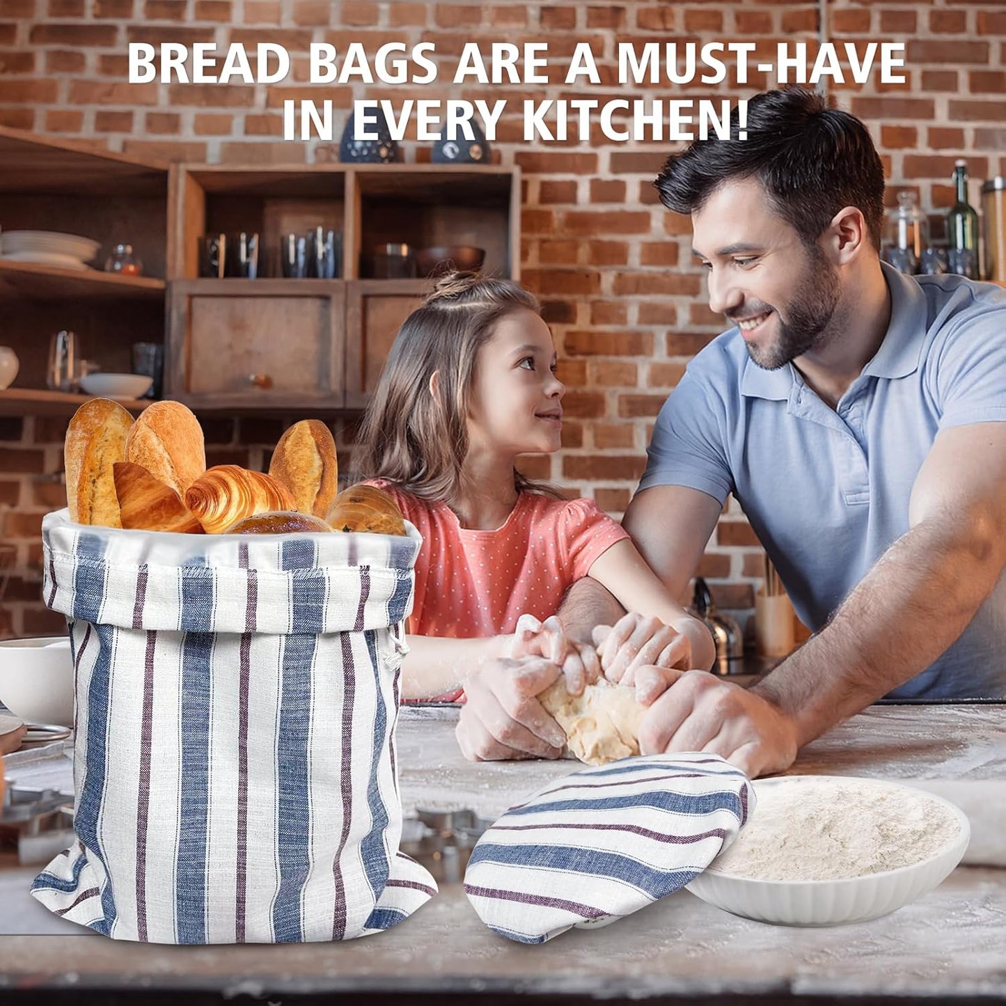 3 Packs Reusable Linen Bread Bags for Homemade Sourdough, Large Easy to Clean TPU Lining Storage Bags with Proofing Bowl Cover, Store Bread & Keep Fresh, Baking Supplies Gift for Bakers