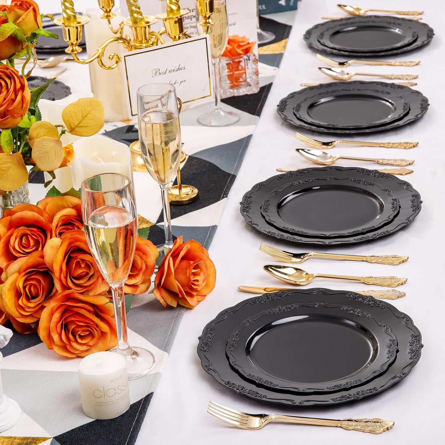 DaYammi 150Pcs Black Plastic Plates & Gold Plastic Silverware,Black Disposable Plates Set Include 30 Dinner Plate, 30 Dessert Plate,30 Golden Knives,30 Gold Forks,30 Golden Spoons for Halloween Party