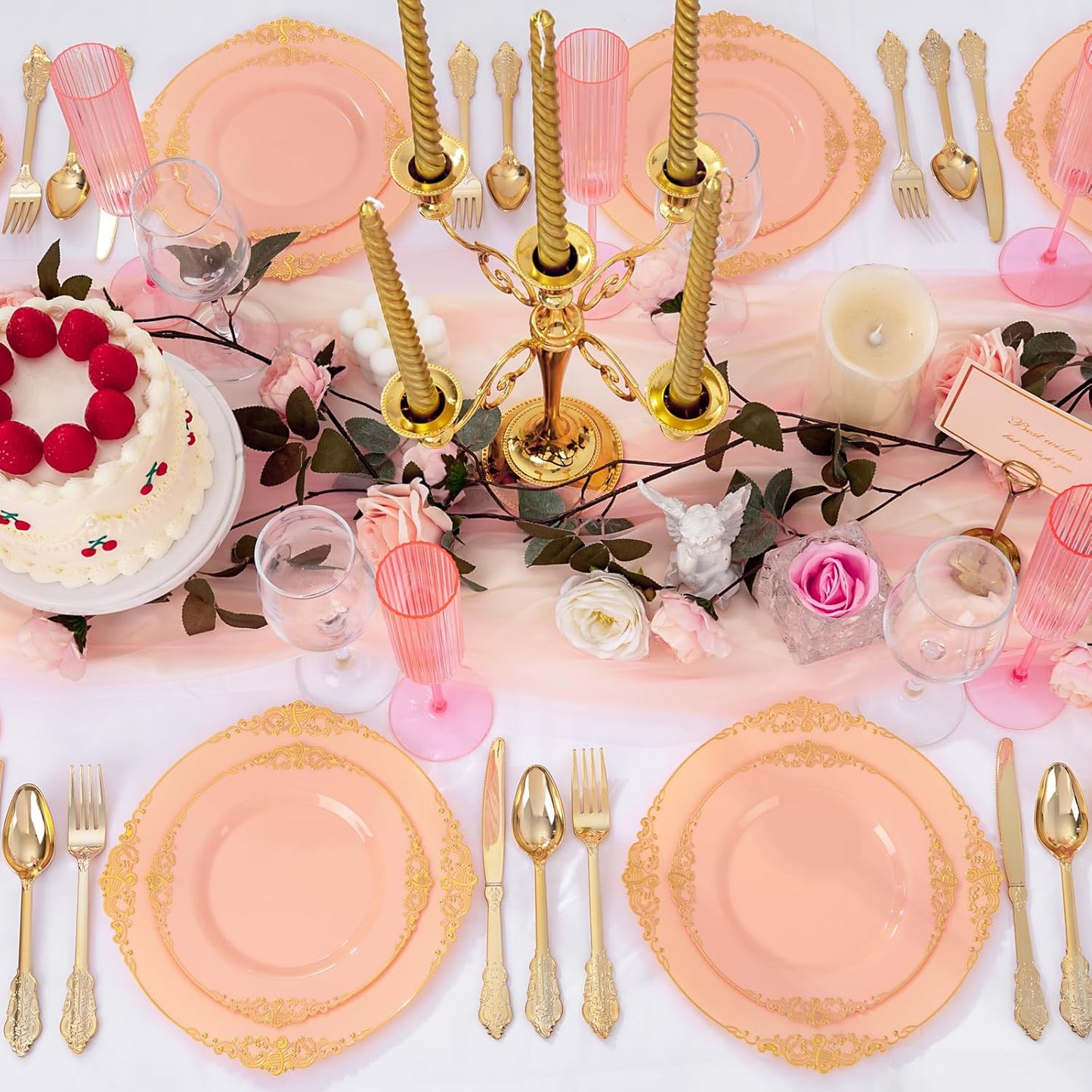 125PCS Peachy Pink Plastic Plates - Elegant Pink and Gold Dinnerware Set - Heavy Duty Disposable Plates with Gold Silverware Sets for 25 Guests for Wedding & Party & Bridal Shower