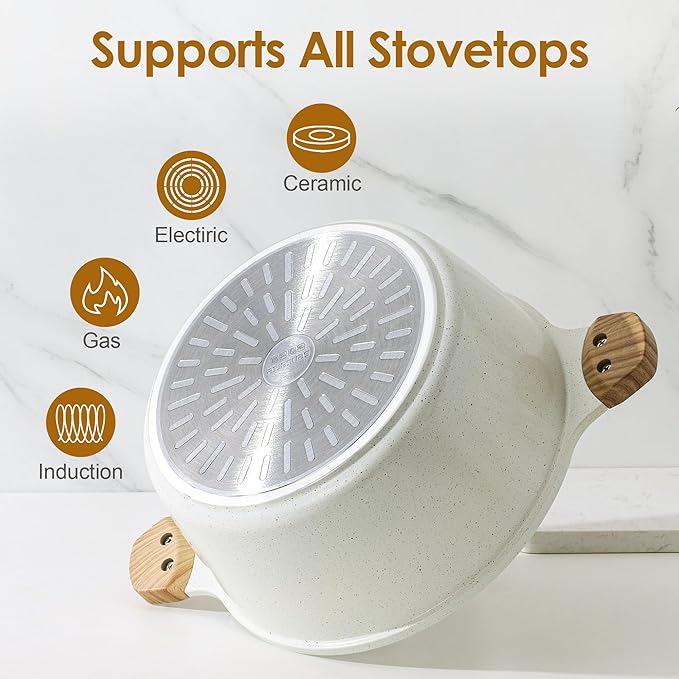 SENSARTE Ceramic Nonstick Stock Pot with Lid, 7 Qt Induction Cooking Pot with Tempered Glass Lid, Stew Pot for Soup and Oatmeal, Pasta Casserole, Free of PFAS & PTFE, White