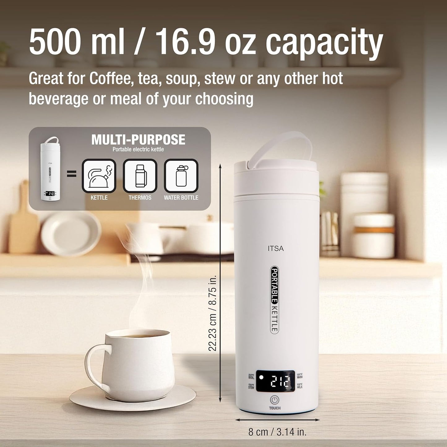 ITSA Travel Electric Kettle 500ml Portable Stainless Steel Water Boiler with Temperature Control & Auto Shut Off – Mini Electric Kettle for Coffee, Tea & Hot Water, BPA-Free