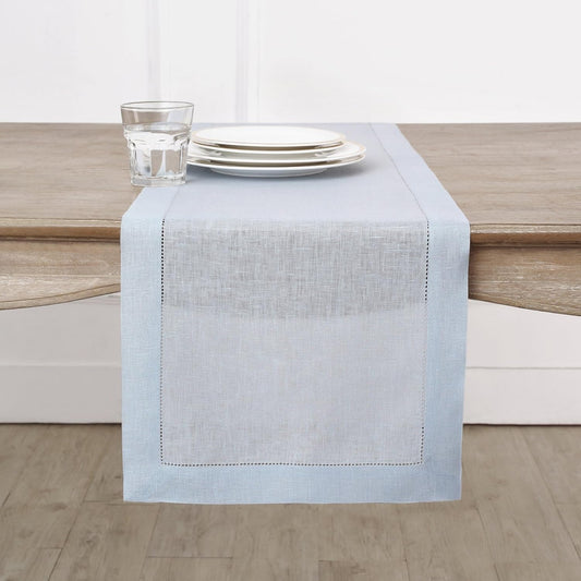 Solino Home Linen Light Blue Table Runner 144 Inches Long - 100% Pure Linen Extra Long Table Runner 14 x 144 Inch - Classic Hemstitch