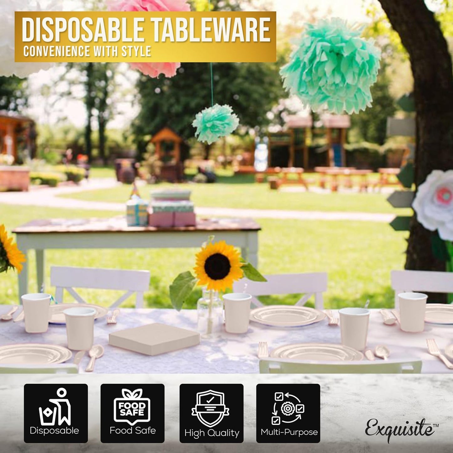 Exquisite 350 Pcs Ivory Paper Plates For Party, Ivory Disposable Plates Set, 50 Of Each 9" Dinner Plate Set, 7" Dessert Plate, Cups, Napkins & Cutlery Paper Dinnerware