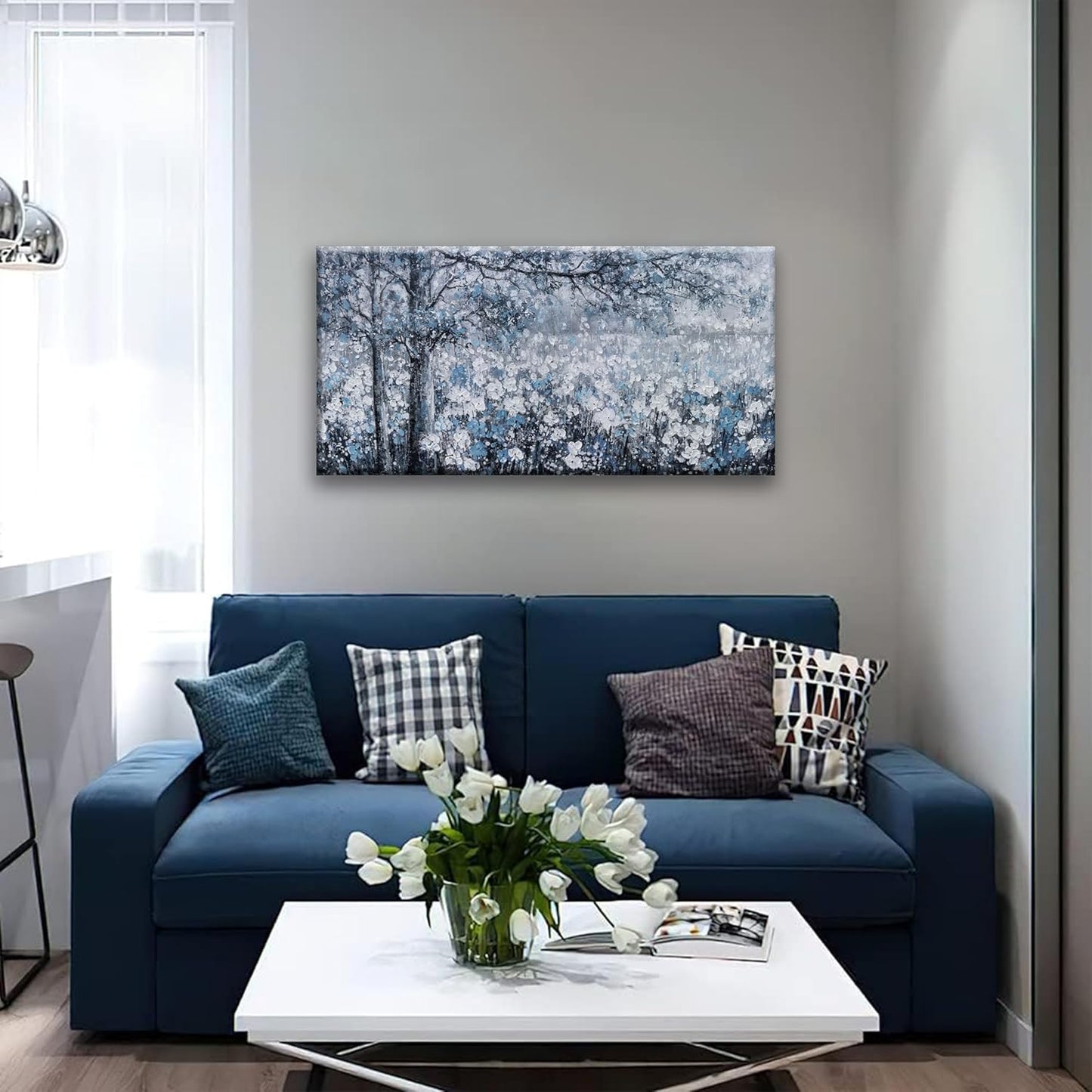 wall art canvas prints botanical wall art decor Blue And White Abstract Tree Flower Landscape dorm wall decor Artwork for Bedroom Home Office Dining Room Decoration 20''×40''