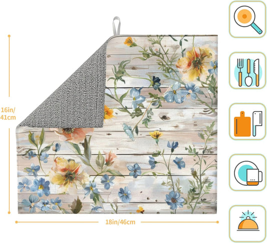Flowers on Wooden Board Dish Drying Mat 16x18 Inch, Microfiber Absorbent Fast Dry Mat Floral Large Dish Mat Drying Kitchen Mat, Kitchen Drying Pad for Kitchen Counter Coffee Bar Decor Gifts