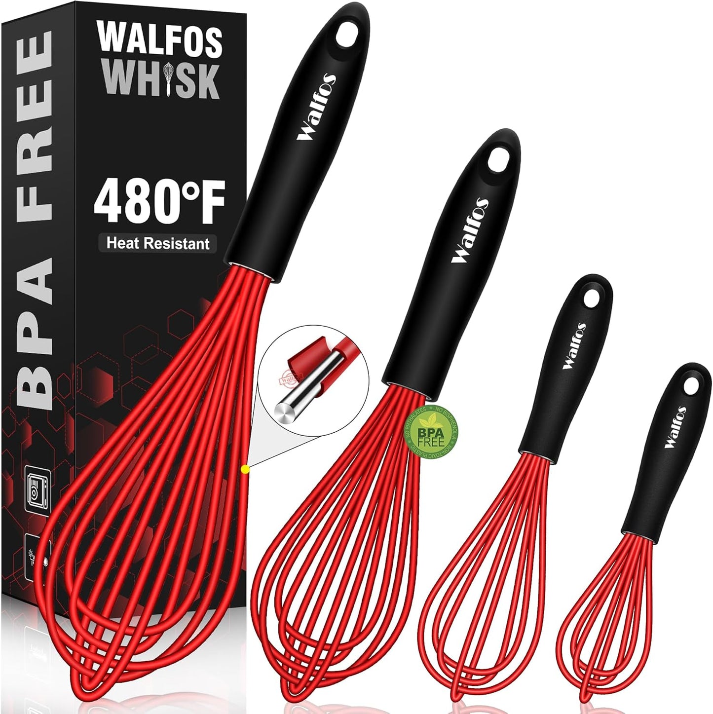 Walfos Whisk,Silicone Whisk Non Scratch-Whisks for cooking set of 4 Heat Resistant(480°F).Nice for Blending Beating Stirring and Kitchen Cooking &Baking.BPA Free and Dishwasher safe.(5+7+9+11inch )Red