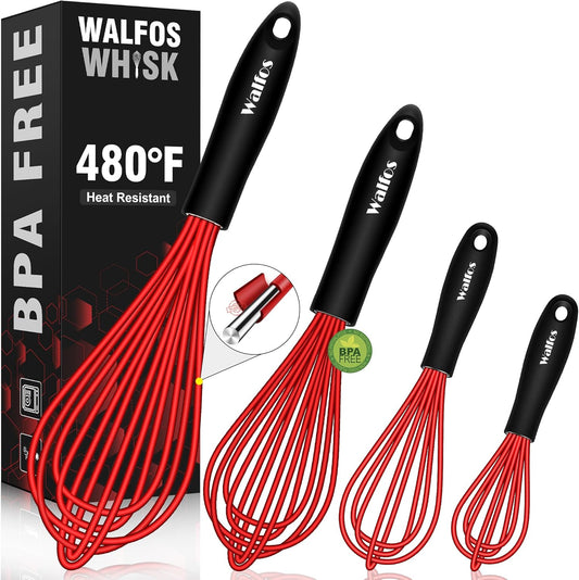 Walfos Whisk,Silicone Whisk Non Scratch-Whisks for cooking set of 4 Heat Resistant(480°F).Nice for Blending Beating Stirring and Kitchen Cooking &Baking.BPA Free and Dishwasher safe.(5+7+9+11inch )Red