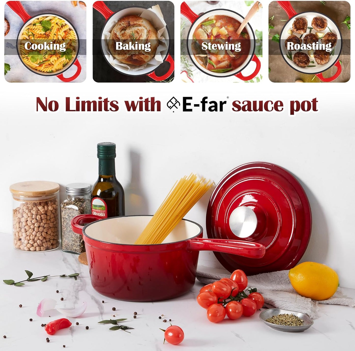 E-far Sauce Pan Set with Lid, 1Qt & 2Qt Enameled Cast Iron Pot Sets for Kitchen Cooking, Small Heavy Duty Dutch Oven Saucepans & Self-basting Lids, Induction-Ready & Easy Clean, Red
