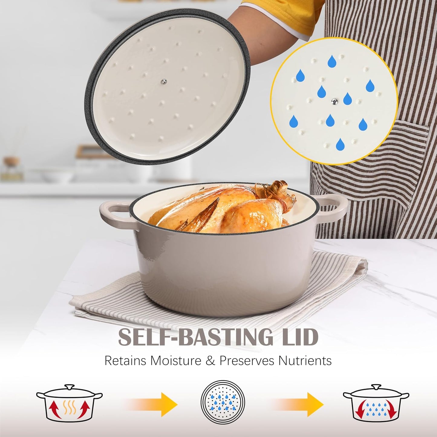 E-far Enameled Dutch Oven Pot for Bread Baking, 6QT Enameled Cast Iron Cookware with Self-Basting Lid & Sourdough Bread Baking Supplies, Heavy Duty Casserole Pot & Dual Handles-Khaki