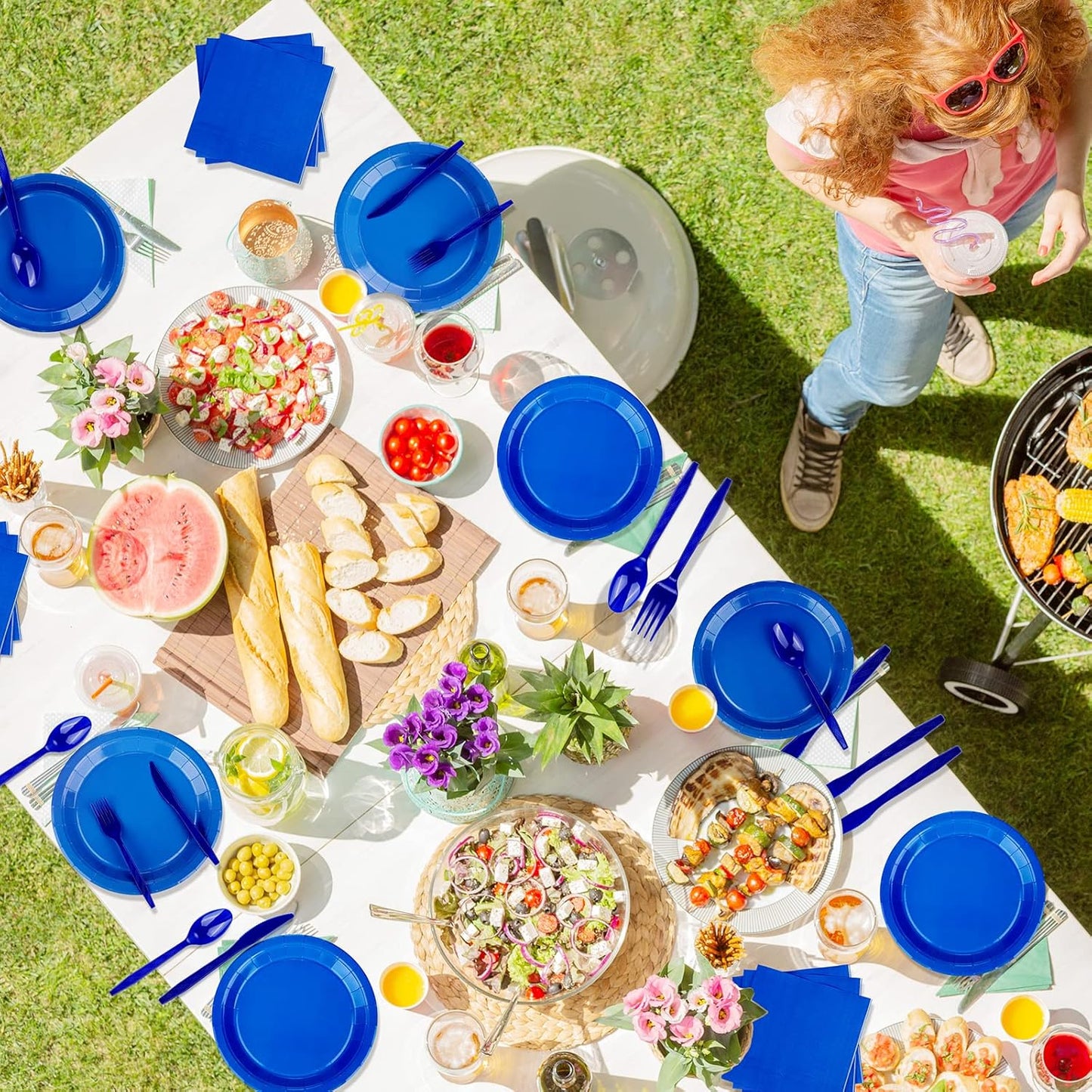 TWOWYHI 228PCS Blue Party Supplies Set Include Paper Plates Cups Blue Napkins Plastic Spoons Forks Knives for 30 Guests Disposable Party Dinnerware for Birthday Wedding Family Picnic