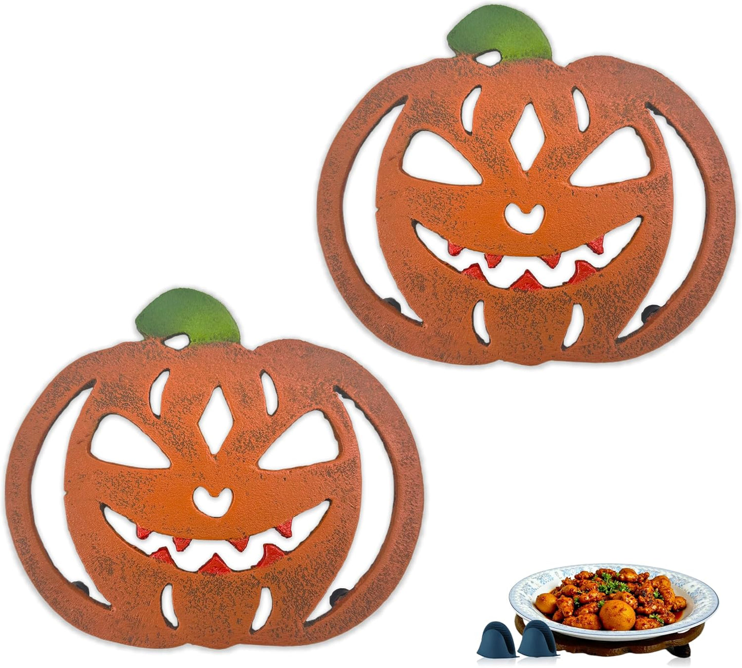 2-Pack Cast Iron Trivets, Heat Resistant for Hot Pots & Pans - Halloween Kitchen & Pumpkin Decor with Festive Vibe, Trivet jabbering Jack Talking Pumpkin【Trivets for hot Dishes】