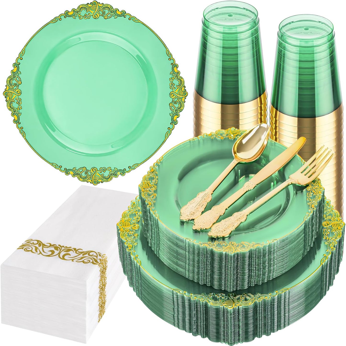 Hioasis 175pcs Clear Green Plastic Plates - Elegant Disposable Dinnerware Set Suitable for 25 Guests Include 10.25" Dinner & 7.5" Dessert Plates, Cutlery, Napkins, Cups for Party & Wedding