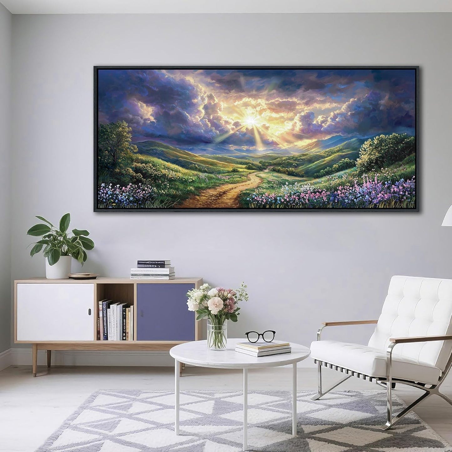 HKDGOKA Large Landscape Canvas Wall Art, Green Mountains Purple Clouds Flower Scenery Canvas Pictures Paintings Artwork for Living Room Bedroom Office Kitchen Home Wall Decor 32x71 IN