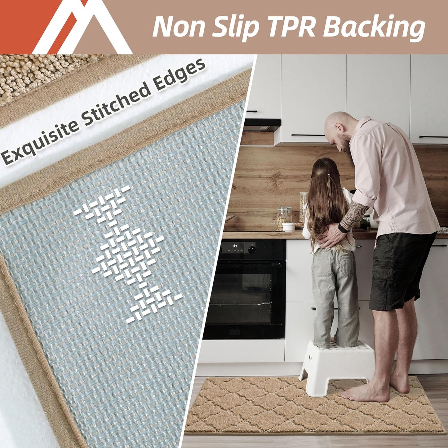 COSY HOMEER-Kitchen-Rugs 20"x48" Non-Slip Absorbent Soft Kitchen Runner Rug Polyester Kitchen Mats for Floor Washable Kitchens Standing Floor Mat for Sink Mat,Hallway,Laundry, Beige