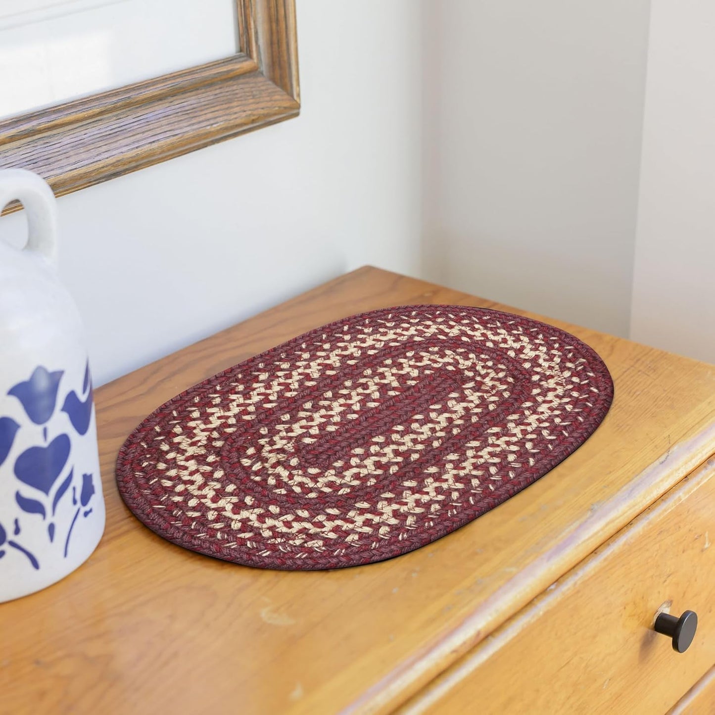 Autumn Maple Jute Braided Placemats Set of 4-10x15, Oval, Burgundy and Tan - Vibrant Colors, Durable, Easy to Clean and Protects Furniture