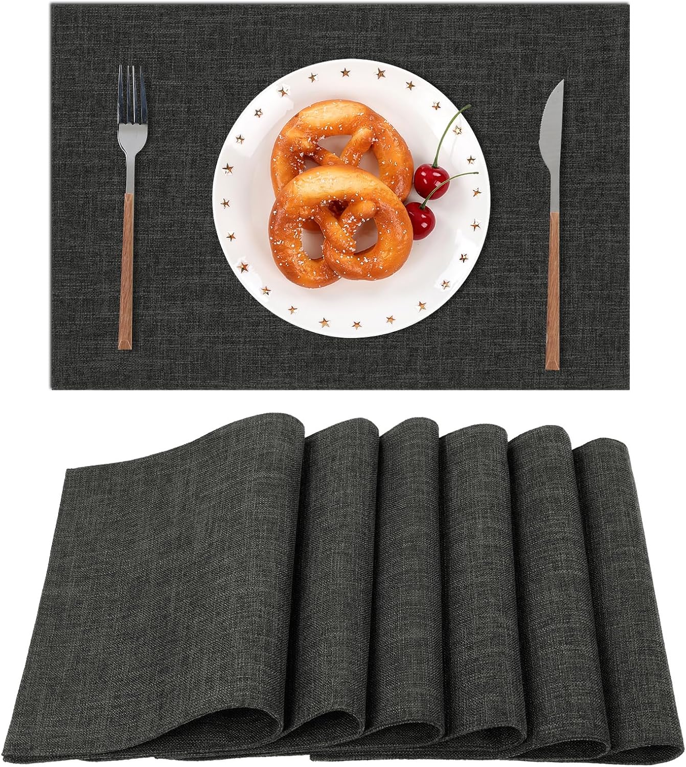 SHACOS Washable Cloth Placemats Set of 4 Cotton Linen Double Layer Thickened Machine Washable Table Mats Non Slip Heat Resistant Fabric Place Mats for Dining Table, Black