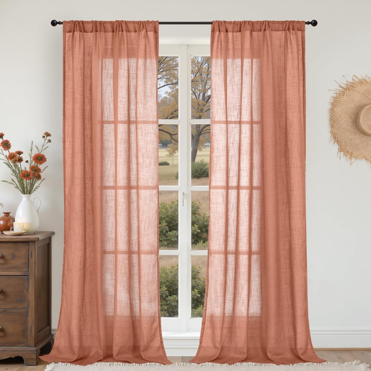 BGment Linen Fall Curtains 84 Inch Length for Living Room, Terracotta Semi Sheer Drapes Rustic Textured for Bedroom Office Decor with Rod Pocket Lightweight,2 Panels Set, Each 42 Inch Wide