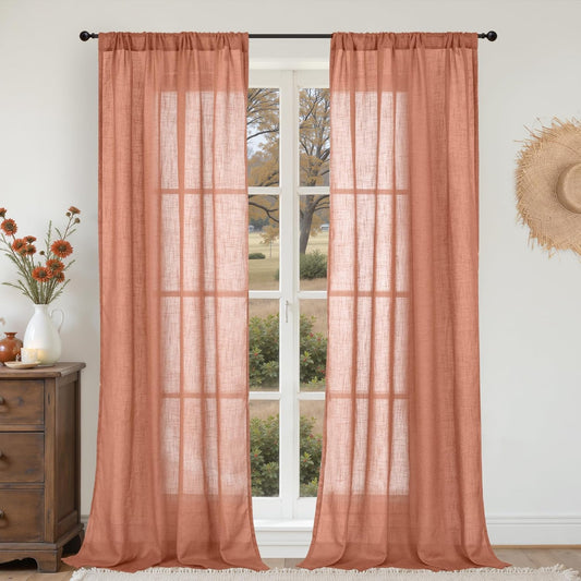 BGment Linen Fall Curtains 84 Inch Length for Living Room, Terracotta Semi Sheer Drapes Rustic Textured for Bedroom Office Decor with Rod Pocket Lightweight,2 Panels Set, Each 42 Inch Wide