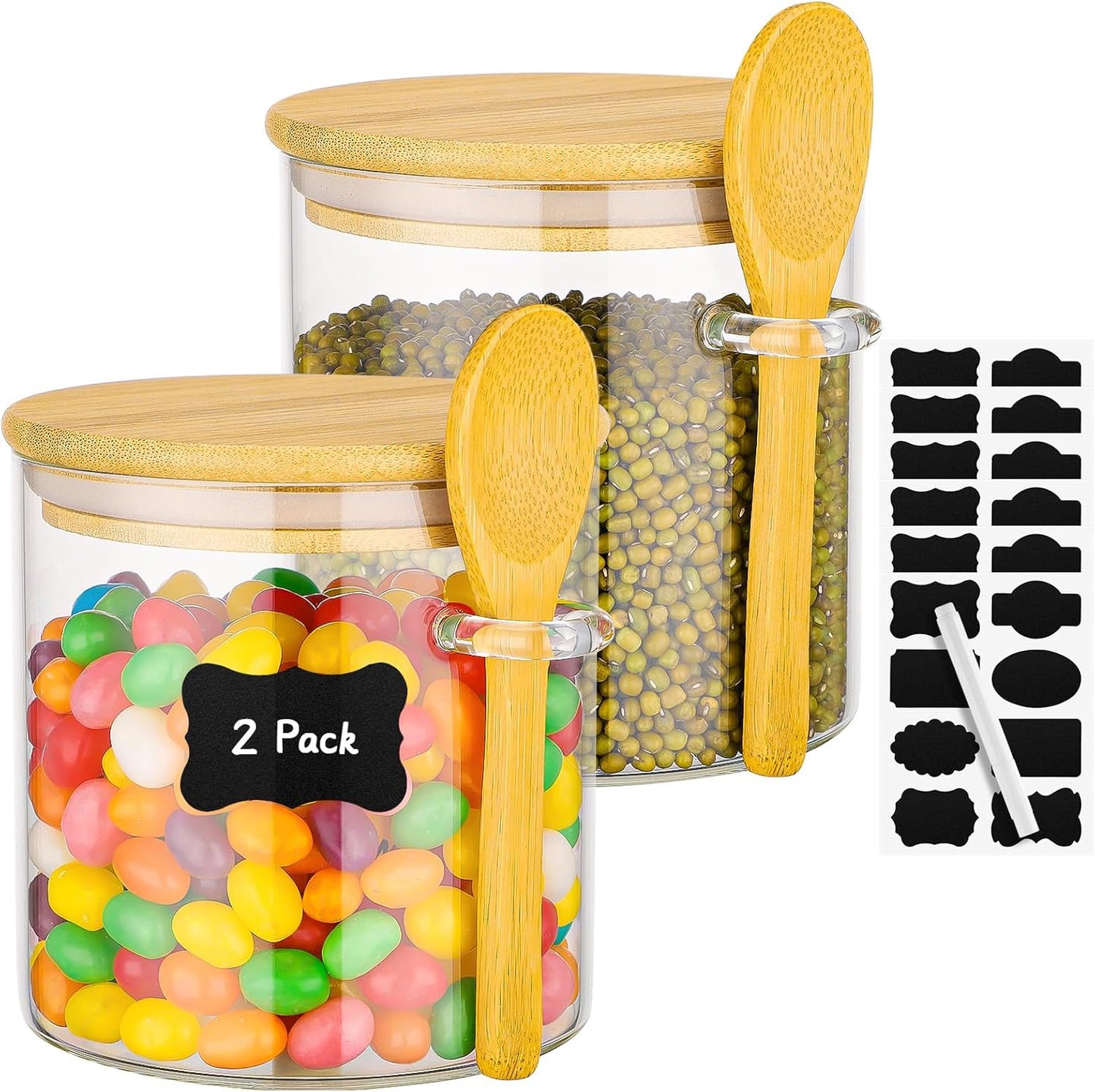 Glass Jars with Bamboo Lids - 2 Pack 20 Fl.oz Round Glass Jar with Airtight Lid and Spoon, Kitchen Pantry Storage Canister for Overnight Oats, Spice, Coffee, Brown Sugar, Loose Tea, Candy