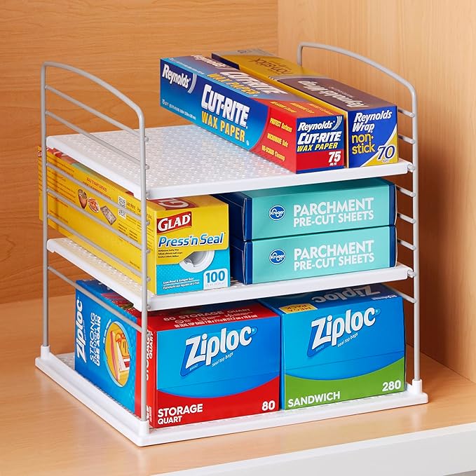YouCopia UpSpace Cabinet Box Organizer, Adjustable Kitchen and Pantry Shelf for Plastic Wrap and Foil Storage, Extra Large, White