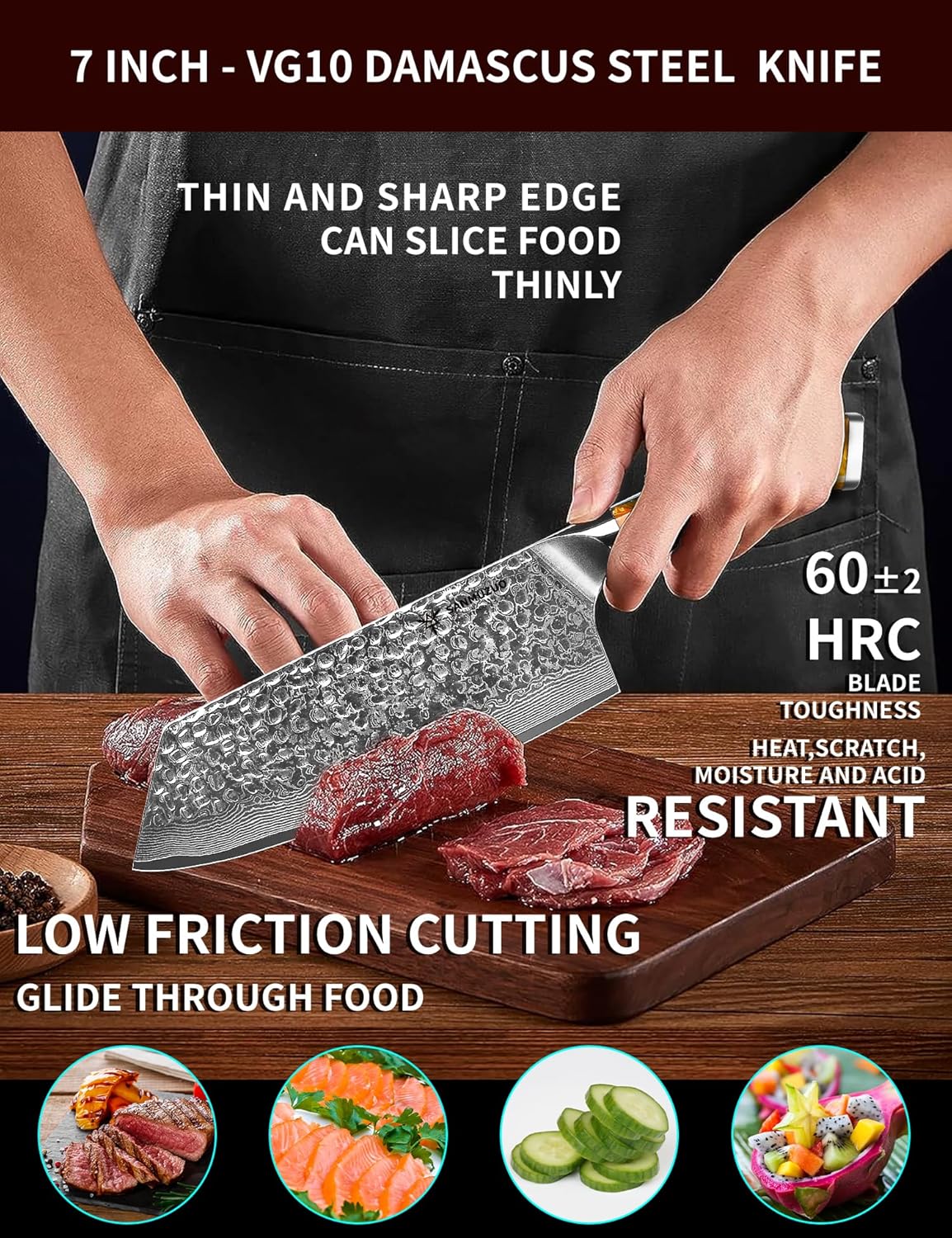 7.5" Nakiri Knife - Kitchen Vegetable Cleaver - Japanese Usuba Knife - Hammered Damascus Steel & Resin Handle - YAO Series