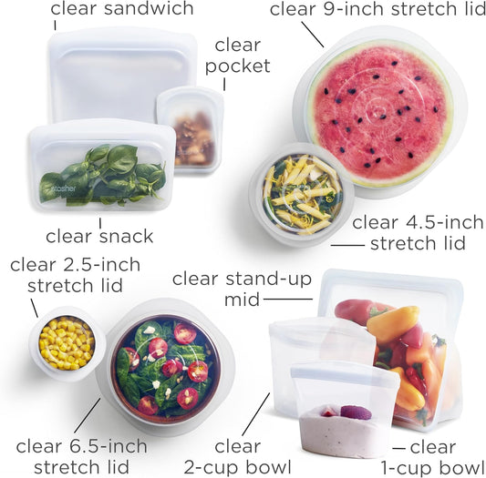 Stasher Premium Silicone Reusable Food Storage Bags and Stretch Lids 10-Pack, Clear, Airtight Seal, Food Containers & Covers, Boxed Starter Kit, BPA Free, Leak-free, Dishwasher Safe, Eco-Friendly