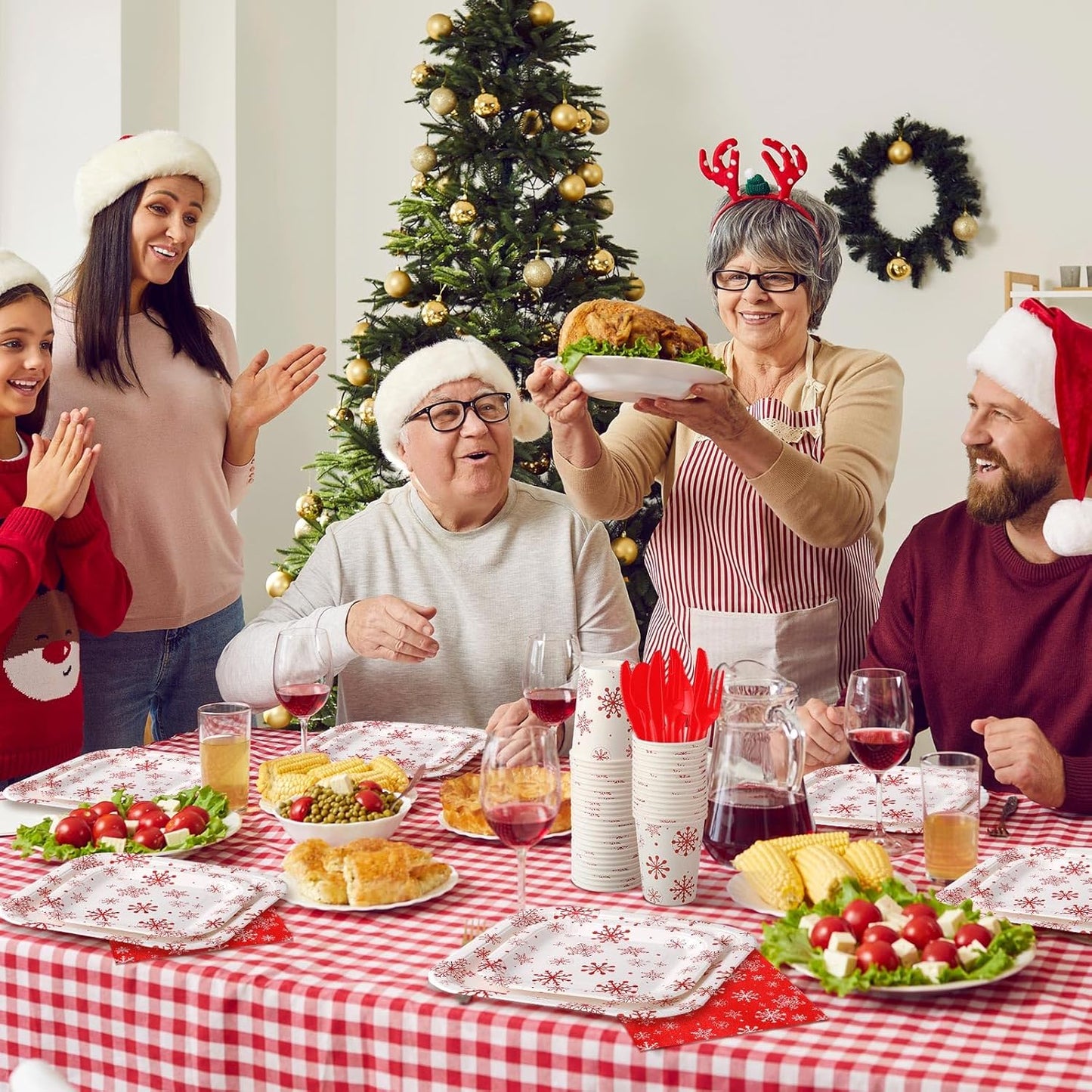 350 Pcs Paper Plates and Napkins Set Disposable Dinnerware Party Supplies Tableware Serve 50 Guest Cups Knife Forks Spoon(Red,White,Snowflake)