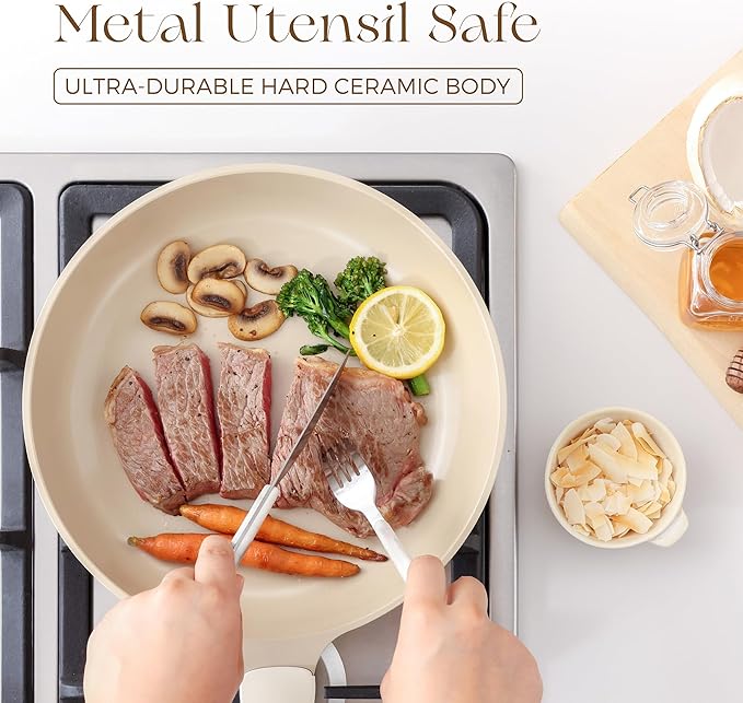 PRICUSIS Nonstick Ceramic Frying Pan with Lid, 8/10 Inch Skillet with Stay Cool Handle, Fully Coated, 100% Dishwasher Safe, Oven Safe, PTFE PFAS & PFOA Free (10 Inch, Coconut White