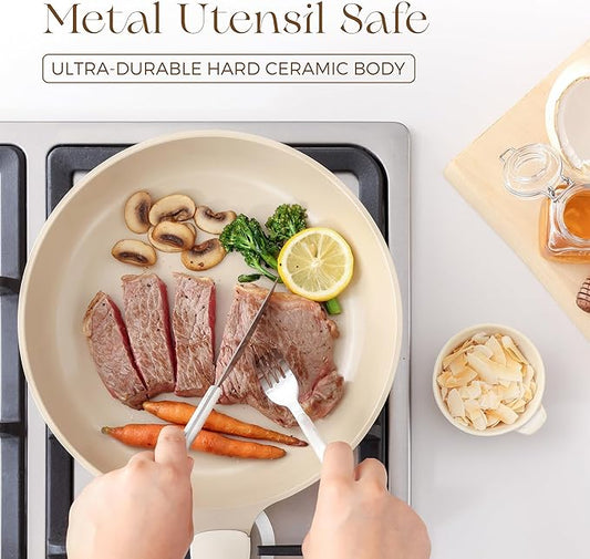 PRICUSIS Nonstick Ceramic Frying Pan with Lid, 8/10 Inch Skillet with Stay Cool Handle, Fully Coated, 100% Dishwasher Safe, Oven Safe, PTFE PFAS & PFOA Free (10 Inch, Coconut White