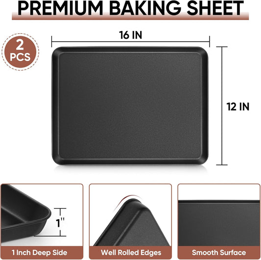 E-far Baking Sheet Set of 2, 16" x 12" x 1" Large Cookie Sheet Pan for Baking, Nonstick Carbon Steel Baking Trays for Oven, Heat-Resistant & Easy Clean, Black