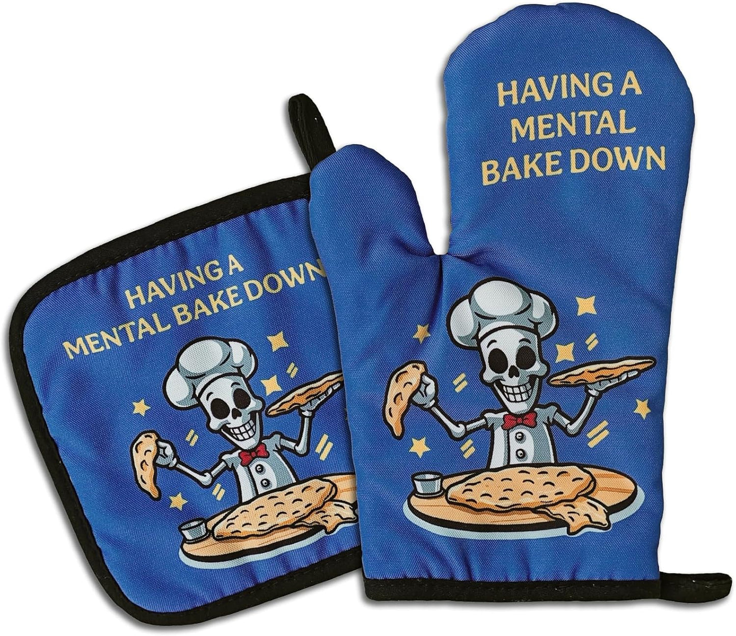 Funny Skeleton Oven Mitts and Pot Holders（Set of 2） Having A Mental Bake Down Heat Resistant Kitchen Mitts Silicone Non-Slip Oven Mitts Sweet Housewarming Gift for Women Men Chef Bake Lover