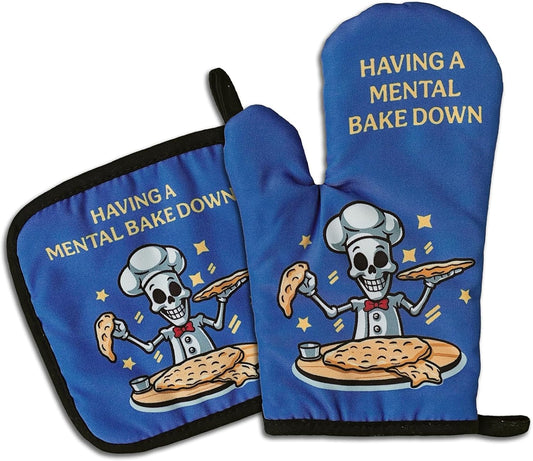 Funny Skeleton Oven Mitts and Pot Holders（Set of 2） Having A Mental Bake Down Heat Resistant Kitchen Mitts Silicone Non-Slip Oven Mitts Sweet Housewarming Gift for Women Men Chef Bake Lover