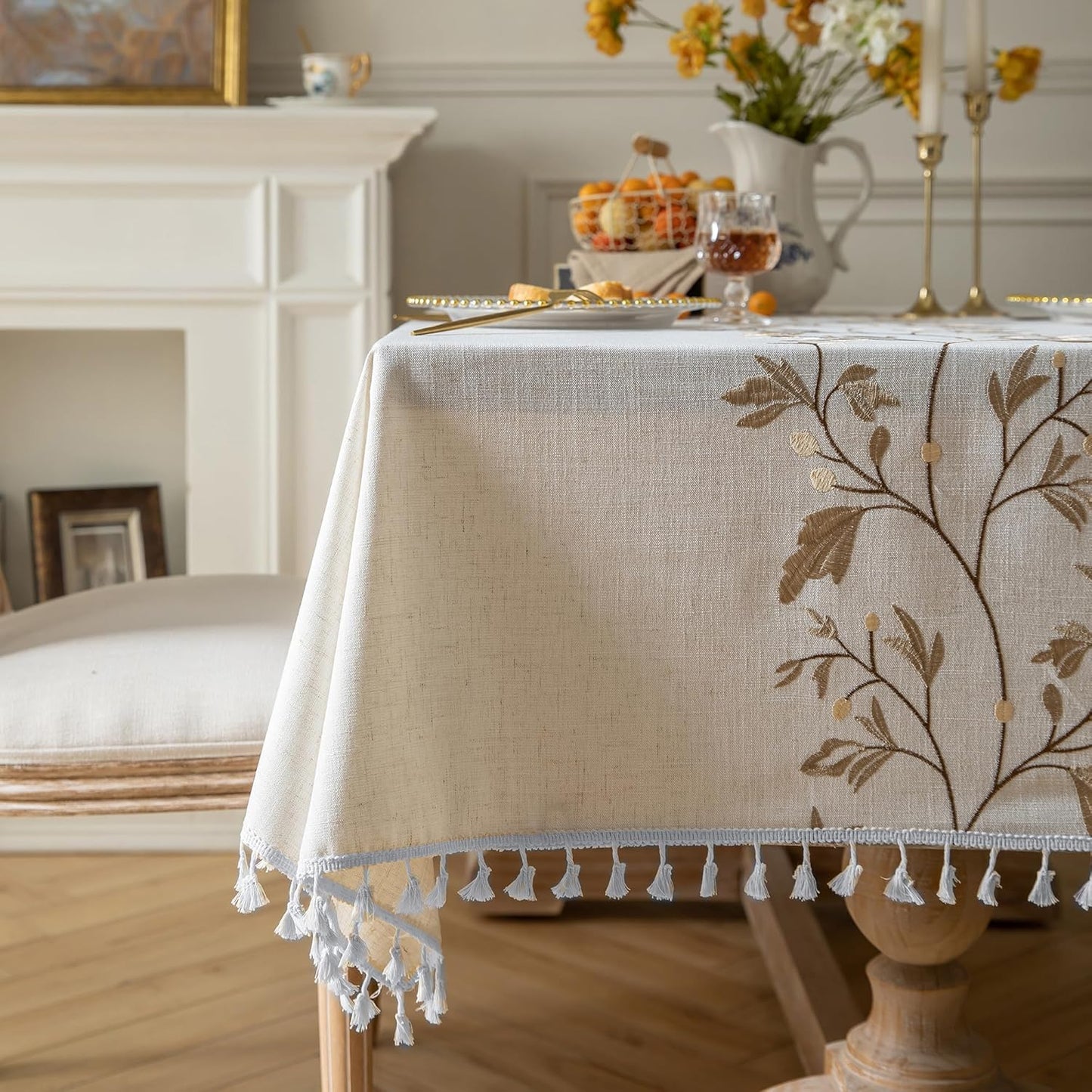 Oubonun Cotton Linen Rectangular Tablecloth - Wrinkle Resistant & Waterproof - Machine Washable Table Cloth with Tassels for Kitchen & Dining, 55''x102'', 8-10 Seats