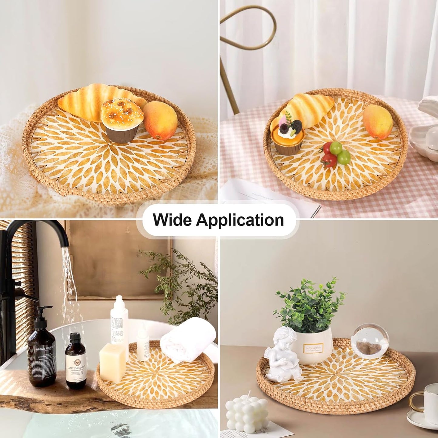 Round Rattan Tray with Mother of Pearl Inlay, Rattan Serving Tray for Coffee, Bread, Fruits, Decorative Wicker Tray for Table Decor, Home Decor, Kitchen Island Decor (Amber Leaf, 11.8")