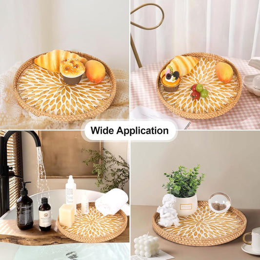 Round Rattan Tray with Mother of Pearl Inlay, Rattan Serving Tray for Coffee, Bread, Fruits, Decorative Wicker Tray for Table Decor, Home Decor, Kitchen Island Decor (Amber Leaf, 11.8")