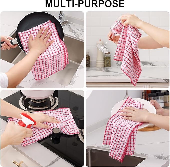 Kitinjoy Cotton 12 Pack Kitchen Towels and Dishcloths Sets, 16 x 25 Inch & 12 X 12 Inch Dish Towels Bulk, Super Soft and Absorbent Hand Towels for Kitchen Drying, Red